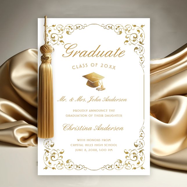 Anúncio Script Dourado De Boné De Ivy Da Graduação Branca  (Gold Ivy Leaf on White Graduation Announcement from Parents)