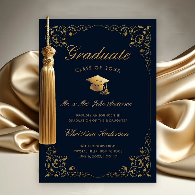 Anúncio Script Dourado De Boné De Ivy Da Graduação De Mari (Gold Ivy Leaf on Dark Navy Blue Graduation Announcement from Parents
)