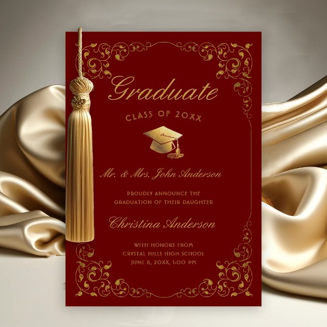 Anúncio Script Dourado De Boné De Ivy Do Graduação De Maro (Gold Ivy Leaf on Maroon Graduation Announcement from Parents)