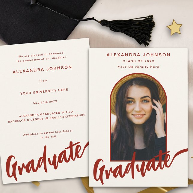 Anúncio Script Laranja Moderno de Arch de Fotografia do fo (Graduate photo arch elegant burnt orange terracotta script fall Graduation announcement card)