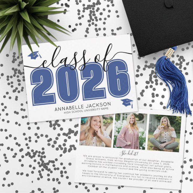 Anúncio Script Simples Foto de Graduada Azul Formatura (Simple Script Graduate Photo Blue Graduation Announcement )