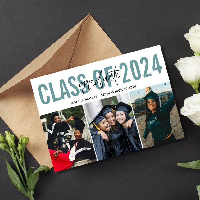 Anúncio Segundo grau Graduação 3 Teal de Foto (High School Graduation 3 Photo Teal Announcement)