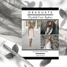 Simple Classy Three Photo Black | White Graduation