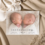 Anúncio Simple Minimal Twin Photo Birth Announcement<br><div class="desc">A Simple Minimal Twin Photo Birth announcement featuring modern type and a large horizontal photo on the front. The back has 2 photos with a large name header and personal message from the family. Click the edit button to customize this design with your photos and details.</div>