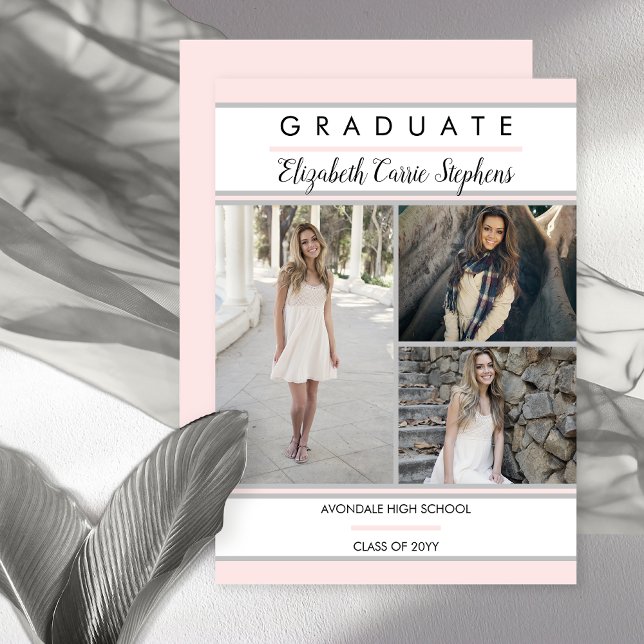Anúncio Simples Classudo Três Fotos Rosa Bege Graduação (Simple Classy Three Photo Blush Pink Graduation Announcement - Print | Digital Download)