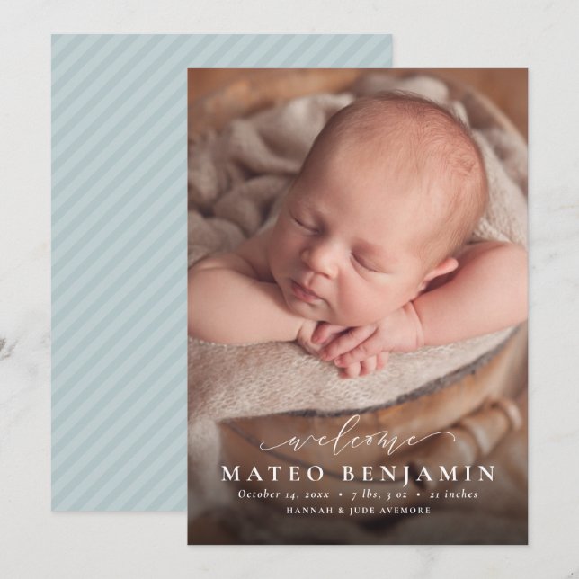 Anúncio Simples de boas-vindas, roteiro azul, foto de nasc (Frente/Verso)