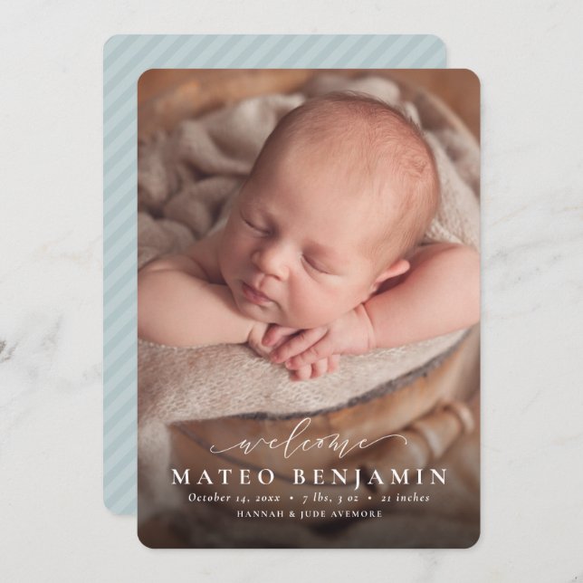 Anúncio Simples de boas-vindas, roteiro azul, foto de nasc (Frente/Verso)