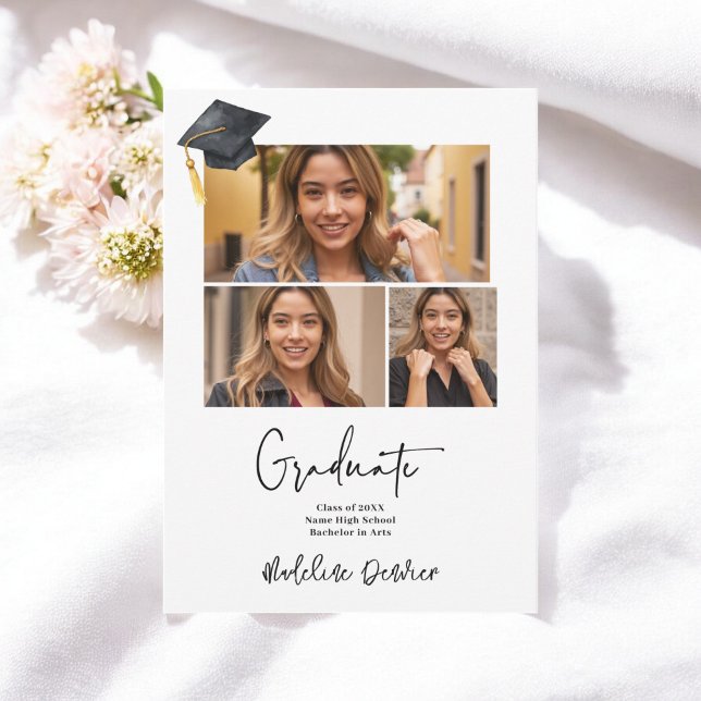 Anúncio Simples e moderno minimalista, 3 fotos (Modern minimalist simple 3 photos graduation announcement)