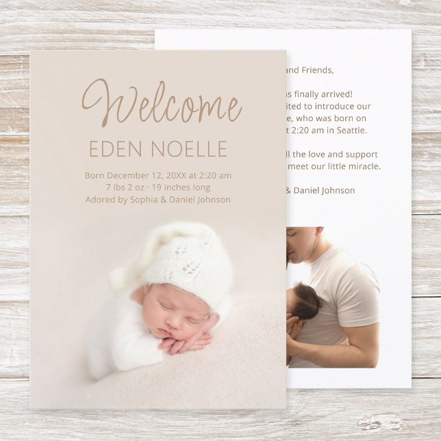 Anúncio Simples e Moderno Nascimento de Menina Marrom Escu (Modern, elegant, brown script 2 photo newborn birth announcement flat card. Simple baby photo card.)