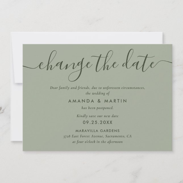 Anúncio Simples Sage Green Altera O Adiamento De Data (Frente)