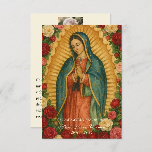 Anúncio Spanish Guadalupe Photo Funeral Prayer  Holy Card (Frente/Verso)