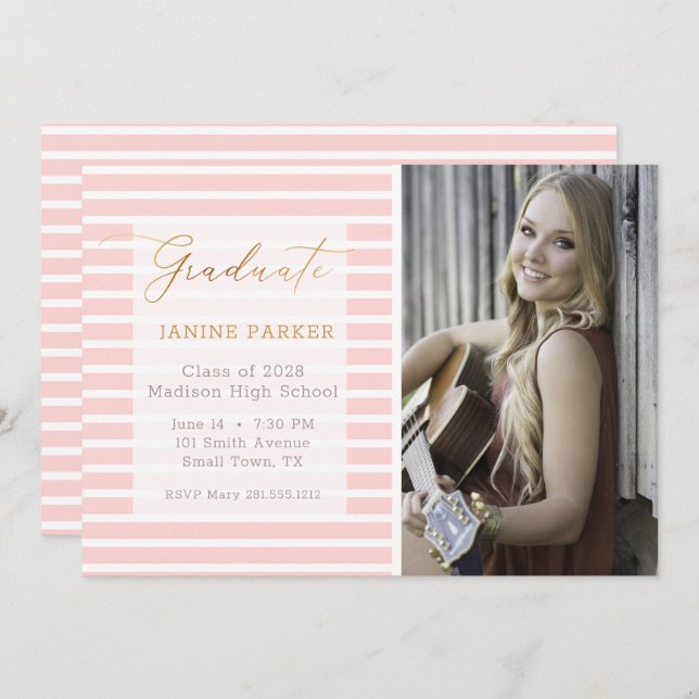 Anúncio Stripe Rosa Adicionar Sua Própria Graduação Fotogr (Frente/Verso)