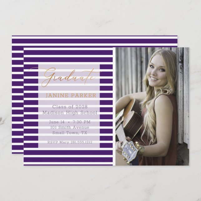 Anúncio Stripe Roxo Adicionar Sua Própria Graduação Fotogr (Frente/Verso)