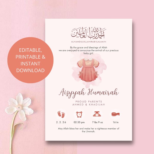 Anúncio Sweet Pink Watercolor Baby Girl Birth Announcement (Criador carregado)