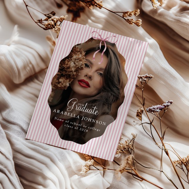 Anúncio Sweet Pinstriped Pink Bow Photo Graduation (Criador carregado)