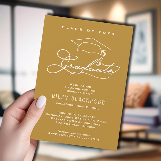 Anúncio Tampa de Graduado Moderna Dourada Graduação (Gold graduation announcement cards feature your details in chic white lettering.)