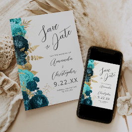Anúncio Teal Aqua Gold Floral Script Save the Date