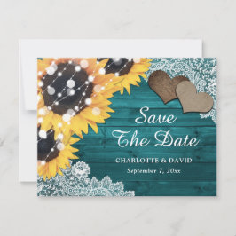Anúncio Teal Sunflower Wood Lace Burlap Heart Casamento