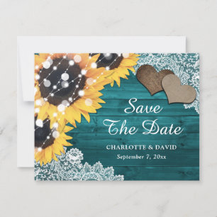 Anúncio Teal Sunflower Wood Lace Burlap Heart Casamento