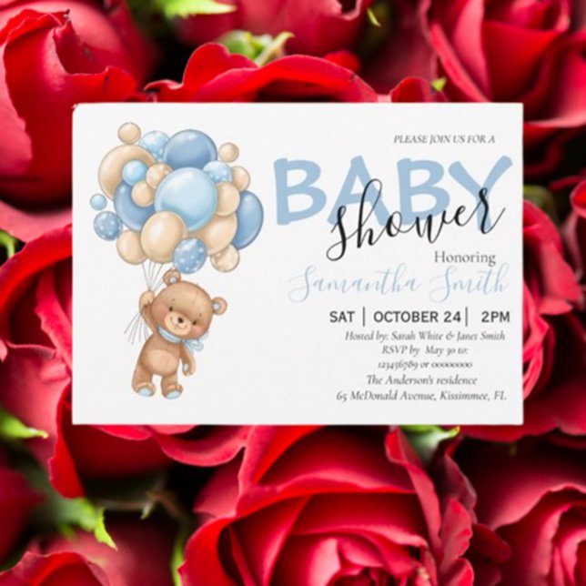 Anúncio Teddy Bear Blue Balon Baby Shower Invasões (Celebrate your little one with adorable teddy bear blue balloon baby shower invitations.)