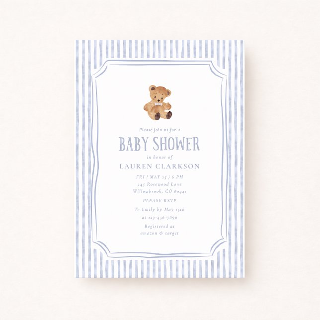 Anúncio Teddy Bear Blue Stripes Baby Boy Baby Shower  (Criador carregado)