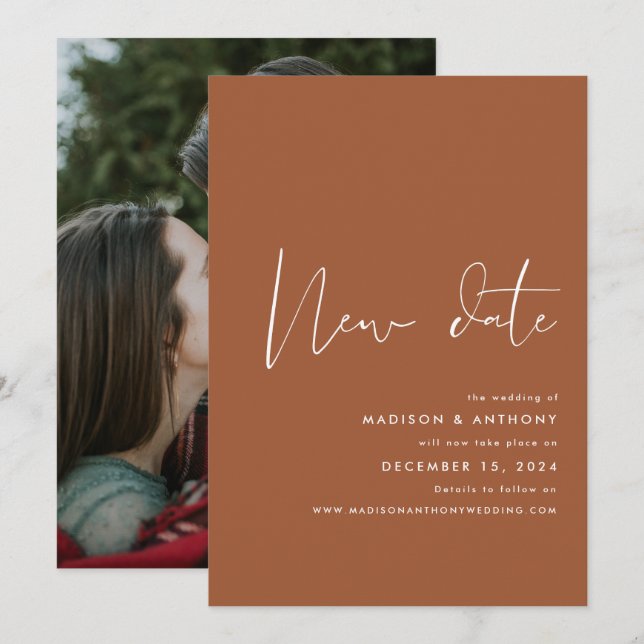 Anúncio Terracota Minimalista Foto Novo Casamento Data (Frente/Verso)