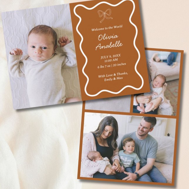 Anúncio Terracotta Personalizada Bow Wavy Boho Collage Beb (Custom Terracotta Bow Wavy Boho Collage Baby Birth Announcement
)
