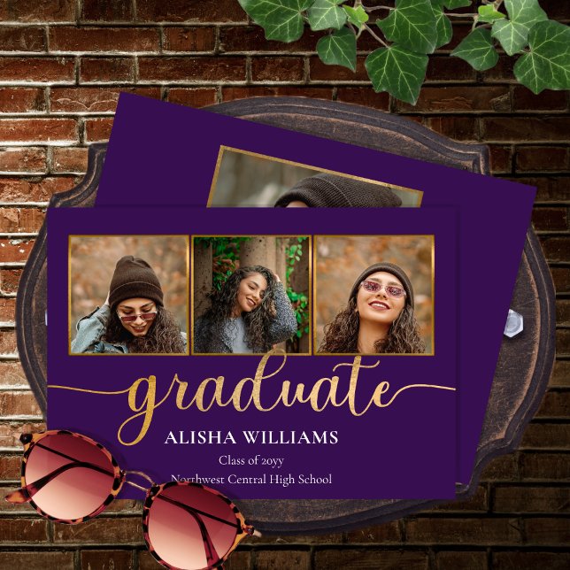 Anúncio Texto Elegante Elegante Dourado Formando 4 Foto A (Classy and Elegant Purple and Gold Tone Script Text 4 Photo Collage Graduate Graduation Announcement)