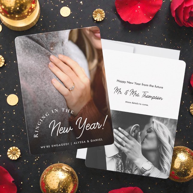 Anúncio Tocar no noivado do novo ano (Ringing in the New Year! Photo engagement announcement cards.)