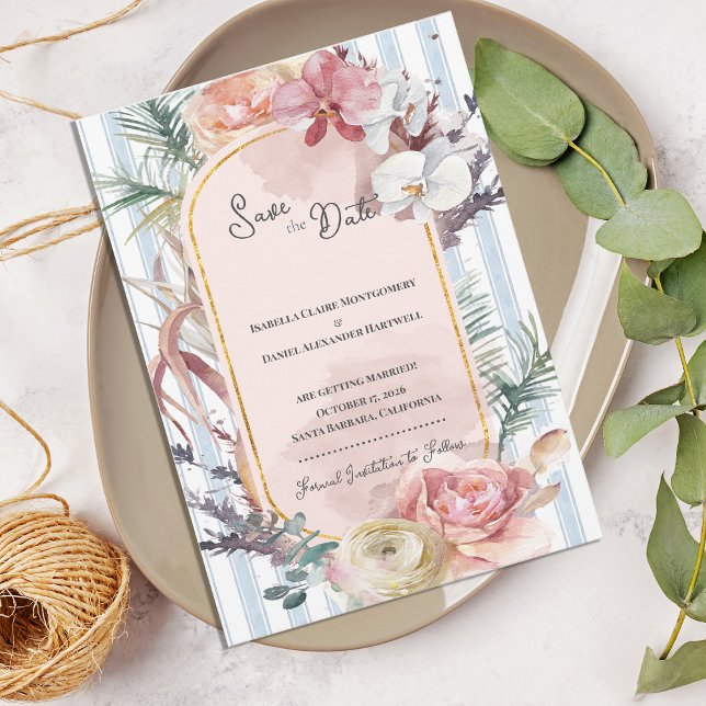 Anúncio Tropical Orchid Arch Wedding Save the Date (Tropical Orchid Arch Save the Date | Blush Floral Beach Wedding Announcement)