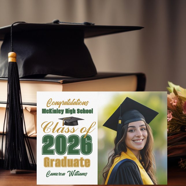Anúncio Turma de 2026 Foto de Formatura em Verde e Dourado (Criador carregado)