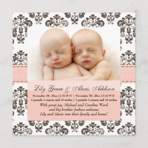 Anúncio Twins Damask Baby Announing Pink and Brown