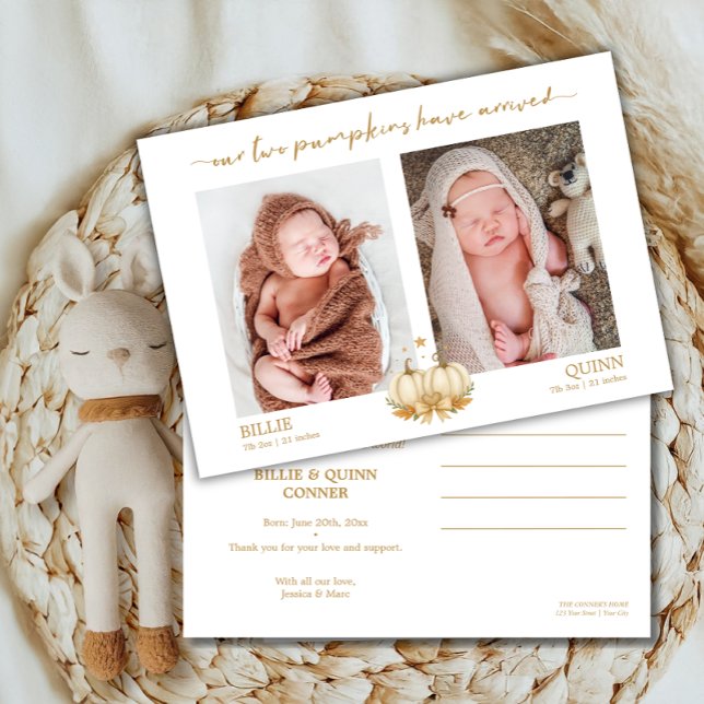 Anúncio Two Little Pumpkins Twin Baby Photo Announcement (Criador carregado)