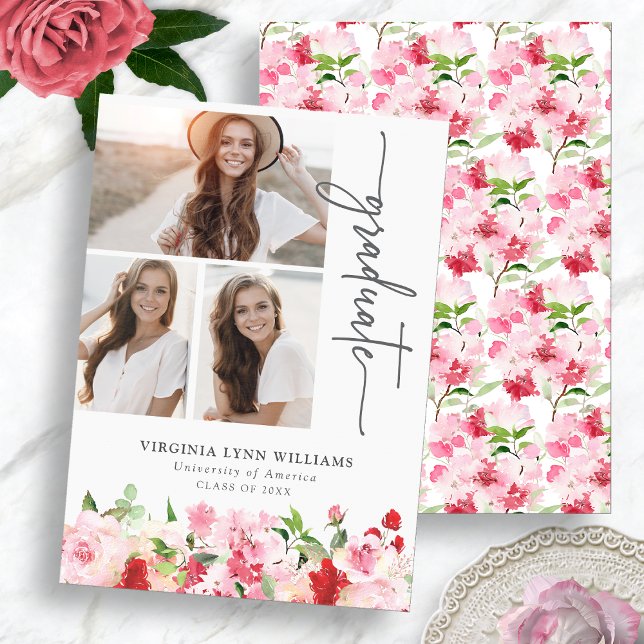 Anúncio Vermelho Rosa Floral Graduação (Red Pink Floral Graduation Announcement with Photo Collage by Painted Paperie
)