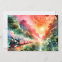 Viagem de Trem Pôr do Sol Tropical em Aquarela