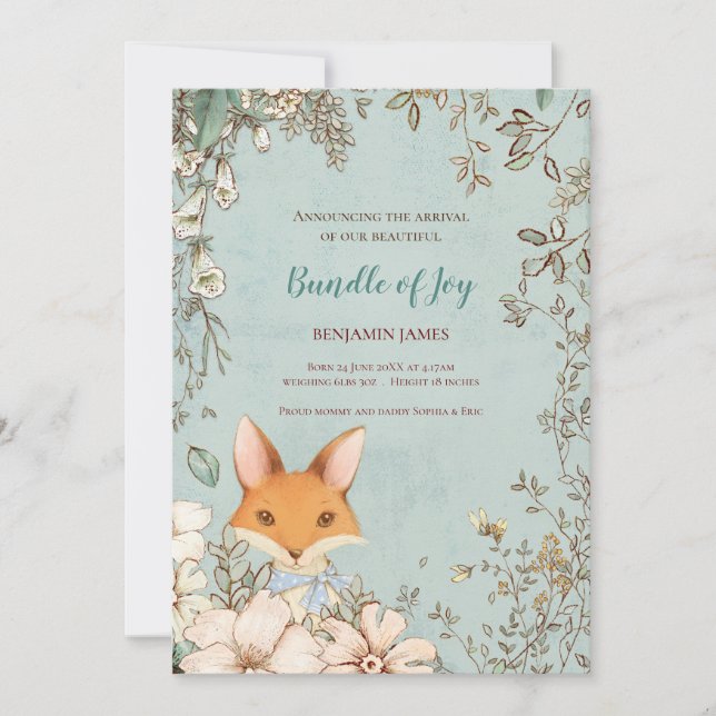 Anúncio Vintage Cute Fox Folha Folha Bebê Floral Nasciment (Frente)