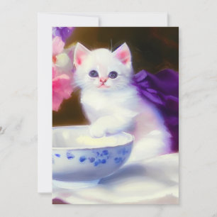 Anúncio Vintage White Kitten com Fita Roxa