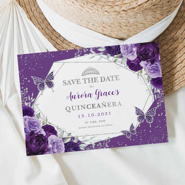Anúncio Violet Silver Quinceanera Floral Salvar a Data (Criador carregado)