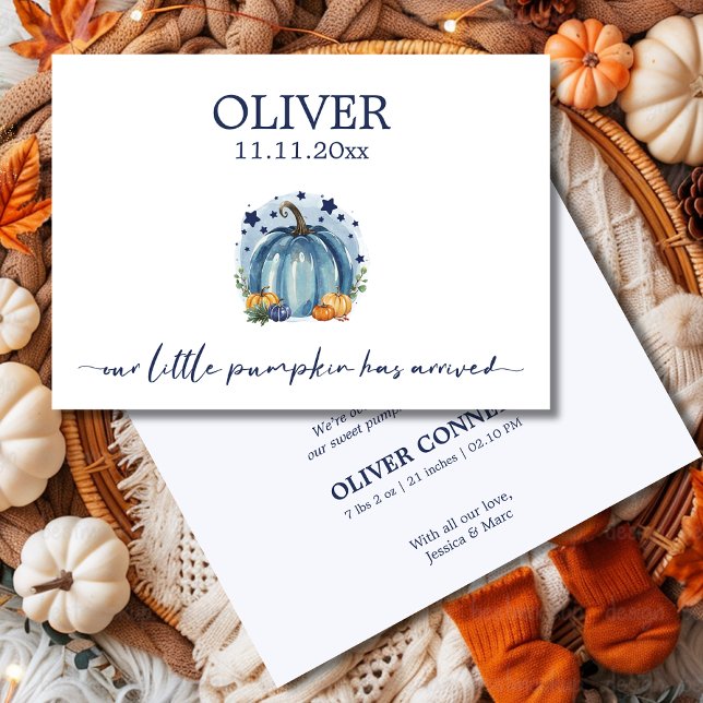 Anúncio Watercolor Blue Pumpkin Baby Boy Announcement (Criador carregado)