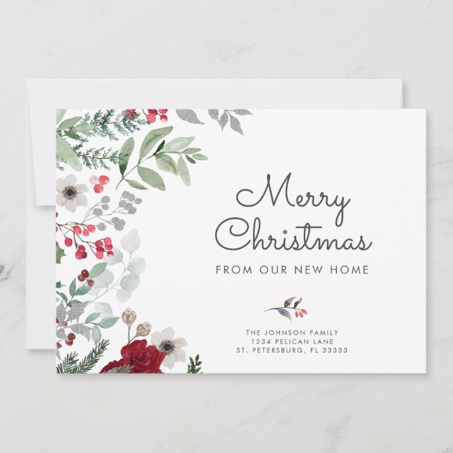 Anúncio Watercolor Christmas Botanical Floral New Address (Frente)