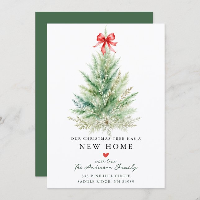 Anúncio Watercolor Christmas Tree New Home Card (Frente/Verso)