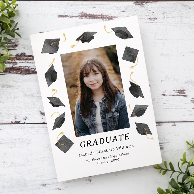 Anúncio Watercolor Graduation Caps Grad Party Invitation (Criador carregado)