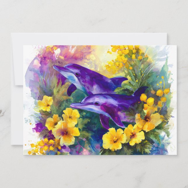 Anúncio Watercolor Ocean Dolphins Tropical Flowers (Frente)