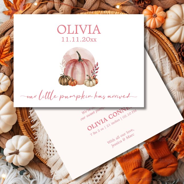 Anúncio Watercolor Pink Pumpkin Baby Girl Announcement (Criador carregado)