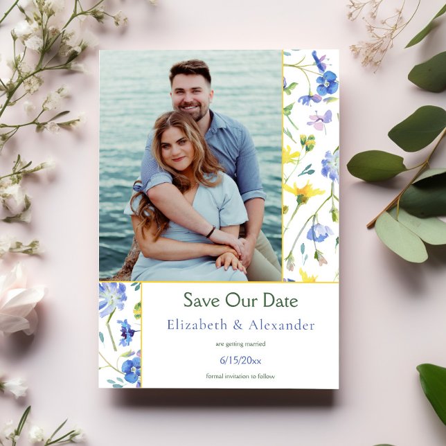 Anúncio Watercolor Wildflores Foto Salvar a Data (Watercolor Wildflowers Photo Save the Date)
