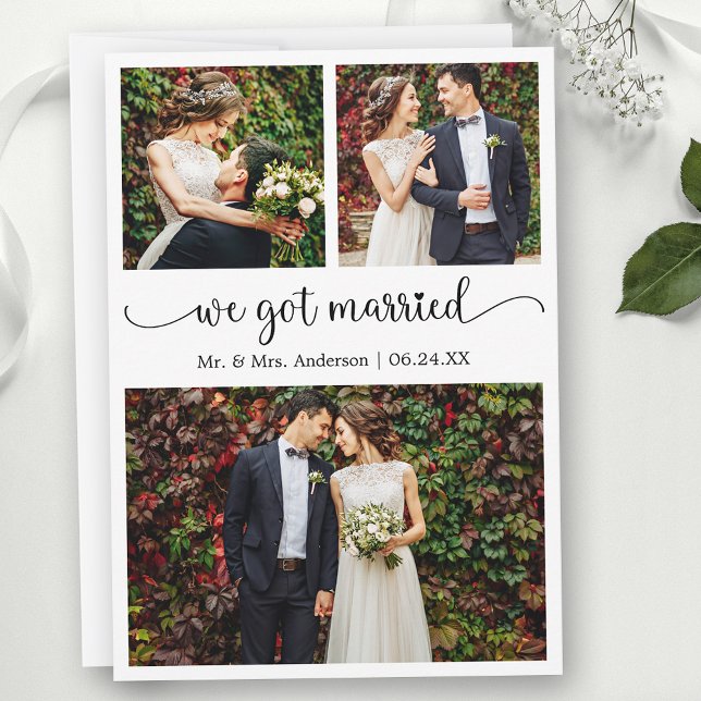 Anúncio We Got Married Heart Calligraphy 3 Photos Wedding (Customize to change your personalized text size, text style or to add text to back of card.)