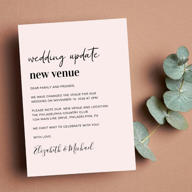 Anúncio Wedding Update Pink New Venue (A chic change of venue announcement. Our user-friendly template allows you to easily customize)