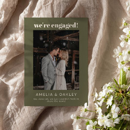 Anúncio We're Engaged Minimalist Elegant Photo Olive Green