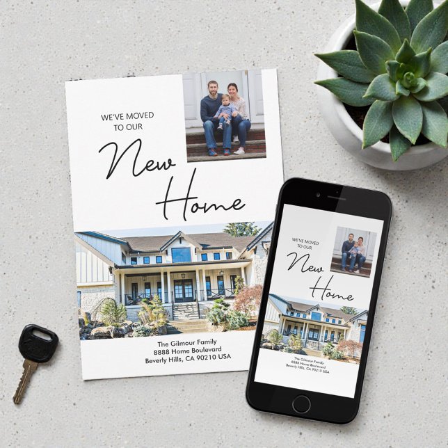 Anúncio We've moved to our New Home custom photos (Custom photos "We've moved to our New Home" family moving announcement card.)