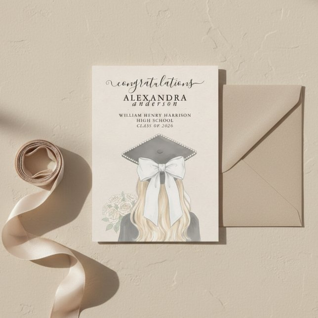 Anúncio Whimsical Calligraphy Graduation Bow Photo (Whimsical Calligraphy Graduation Bow Photo Announcement)